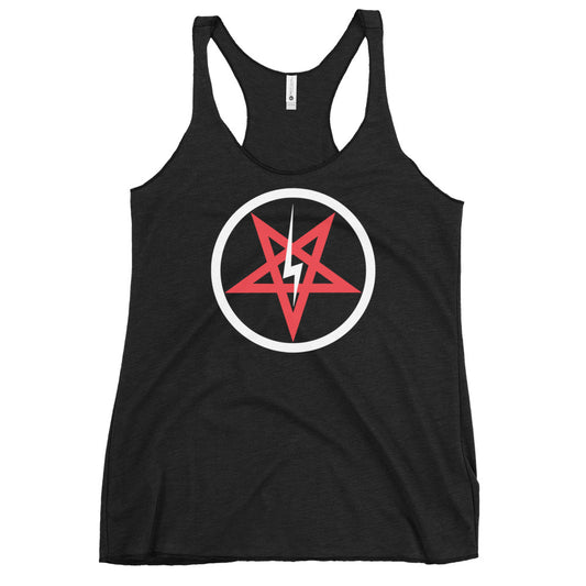 Satanic Sigil & Inverted Pentagram graphic on women's racerback tank, front view