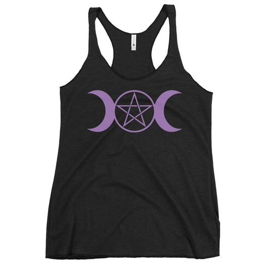 Triple Moon Goddess graphic on women's racerback tank, front view