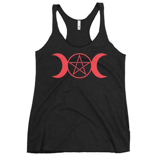 Triple Moon Goddess graphic on women's racerback tank, front view
