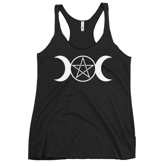 Triple Moon Goddess graphic on women's racerback tank, front view