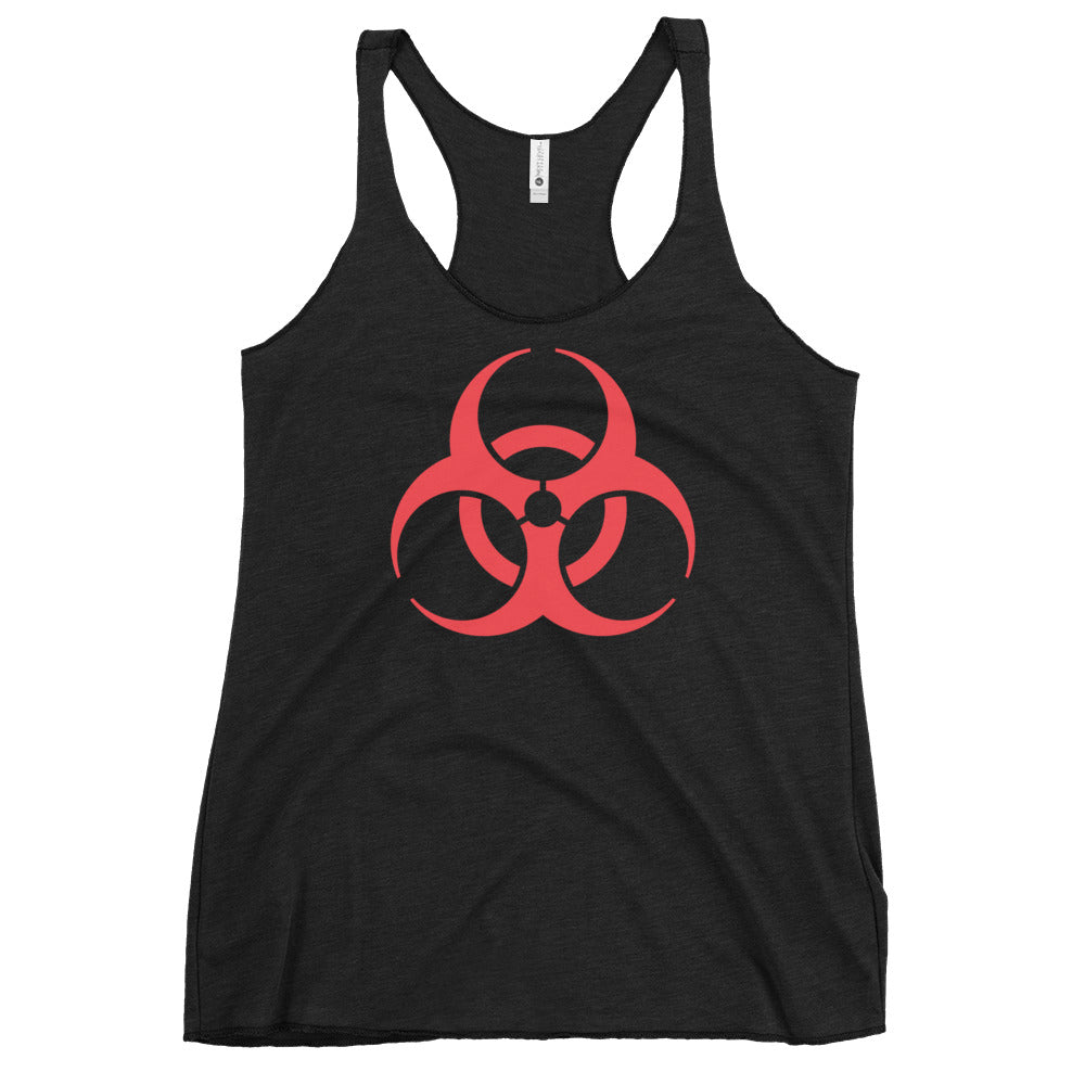 Biohazard Symbol graphic on women's racerback tank, front view