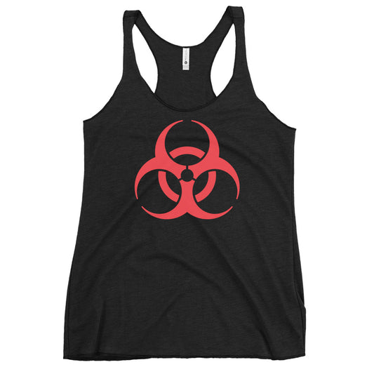 Biohazard Symbol graphic on women's racerback tank, front view