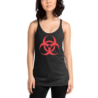 Biohazard Symbol graphic on women's racerback tank, front view