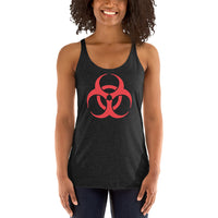 Biohazard Symbol graphic on women's racerback tank, front view