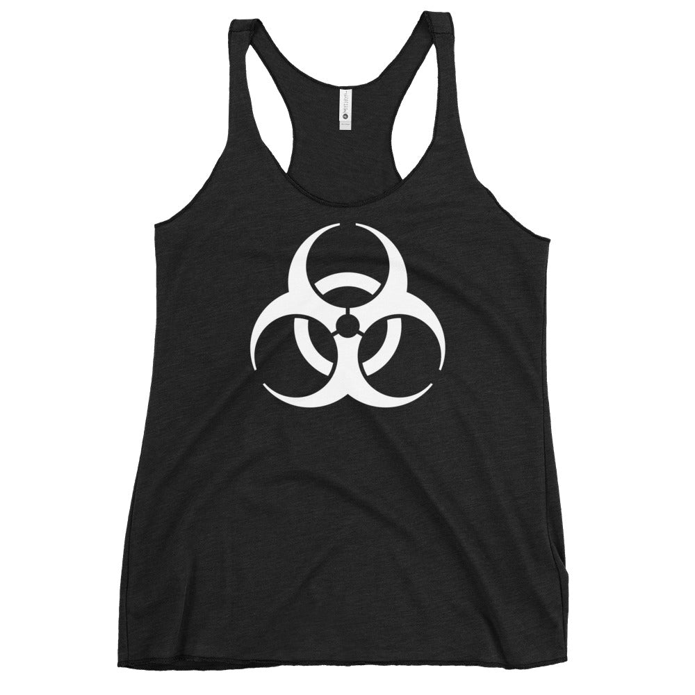 Biohazard Symbol graphic on women's racerback tank, front view