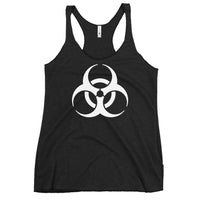 Biohazard Symbol graphic on women's racerback tank, front view