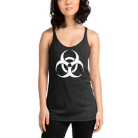 Biohazard Symbol graphic on women's racerback tank, front view
