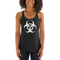 Biohazard Symbol graphic on women's racerback tank, front view