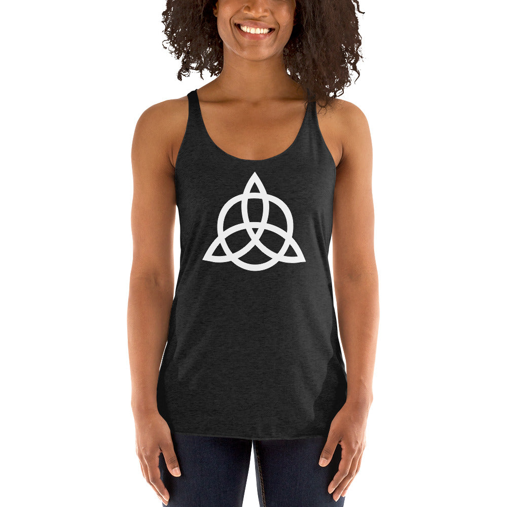 Triquetra Trinity Knot graphic on women's racerback tank, front view