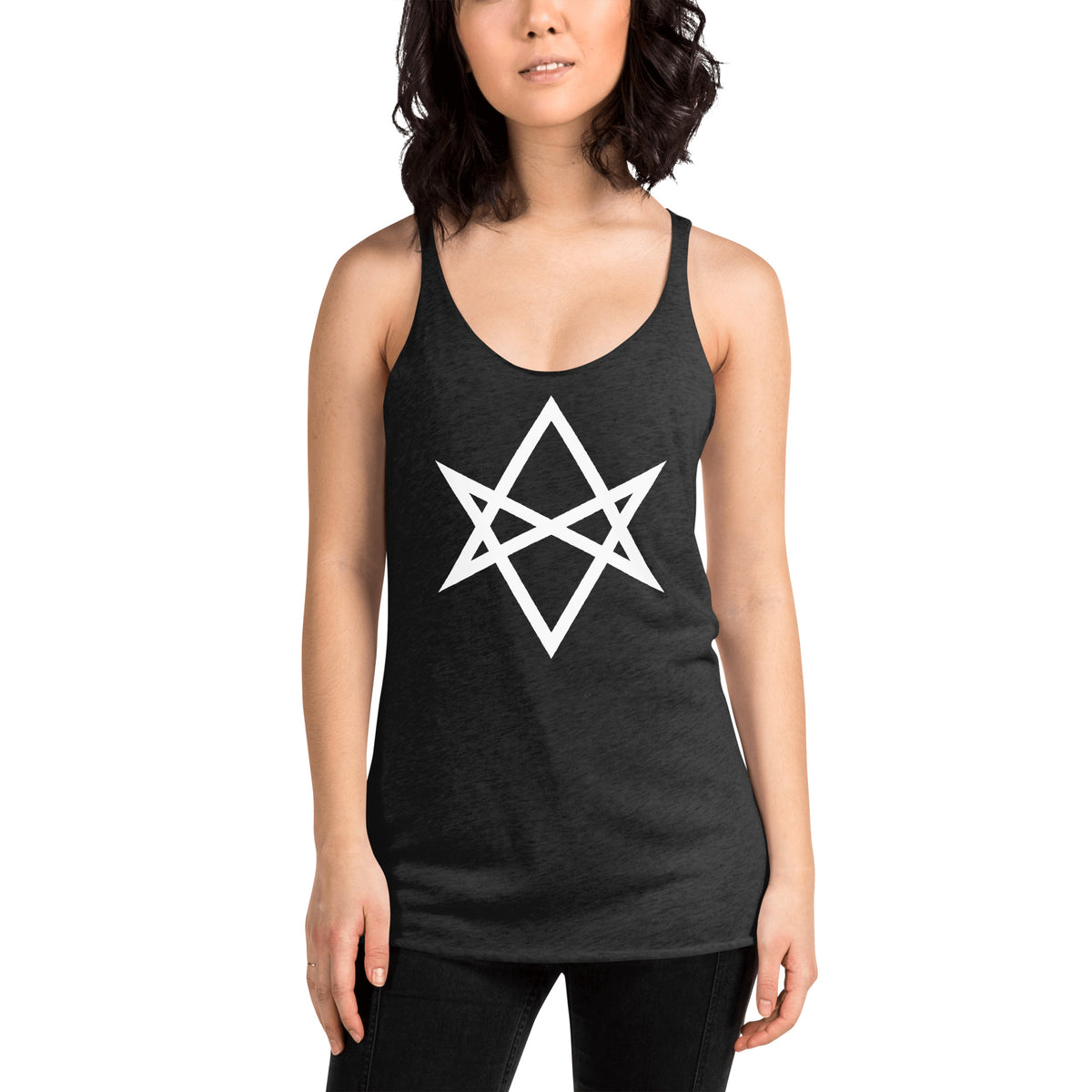 Unicursal Hexagram graphic on women's racerback tank, front view