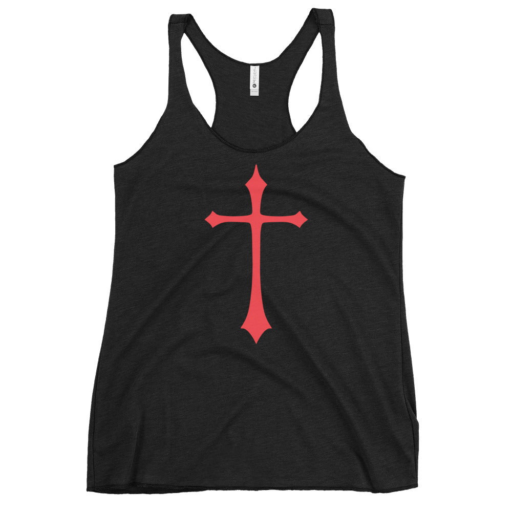 Gothic Cross graphic on women's racerback tank, front view