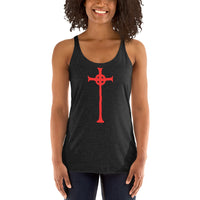 Anime Cross Emblem graphic on women's racerback tank, front view