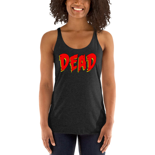 DEAD Wordmark graphic on women's racerback tank, front view