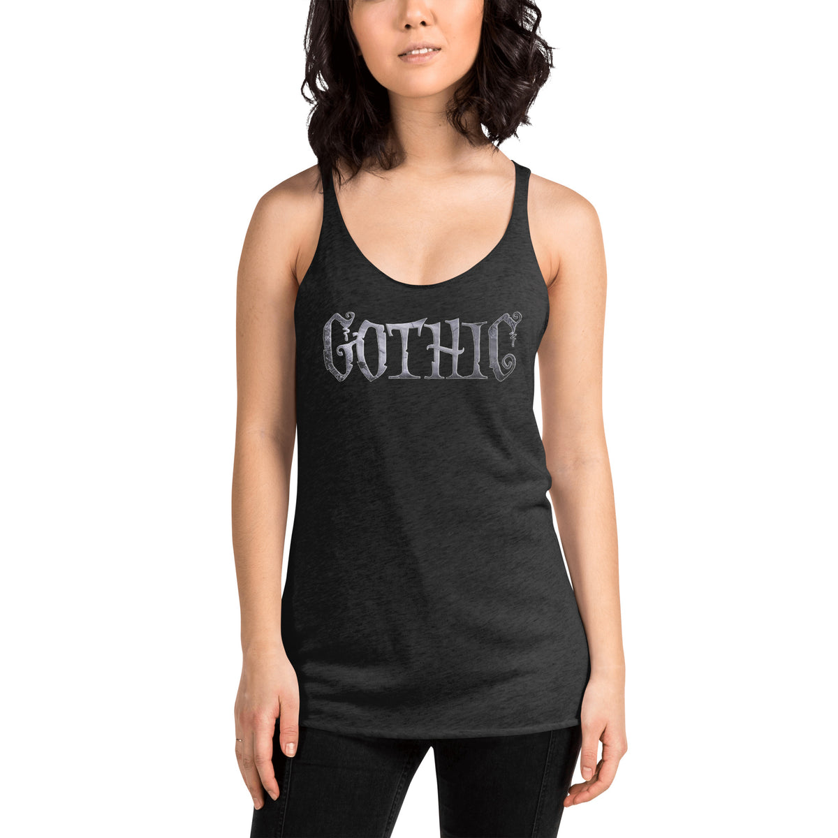 GOTHIC Wordmark graphic on women's racerback tank, front view