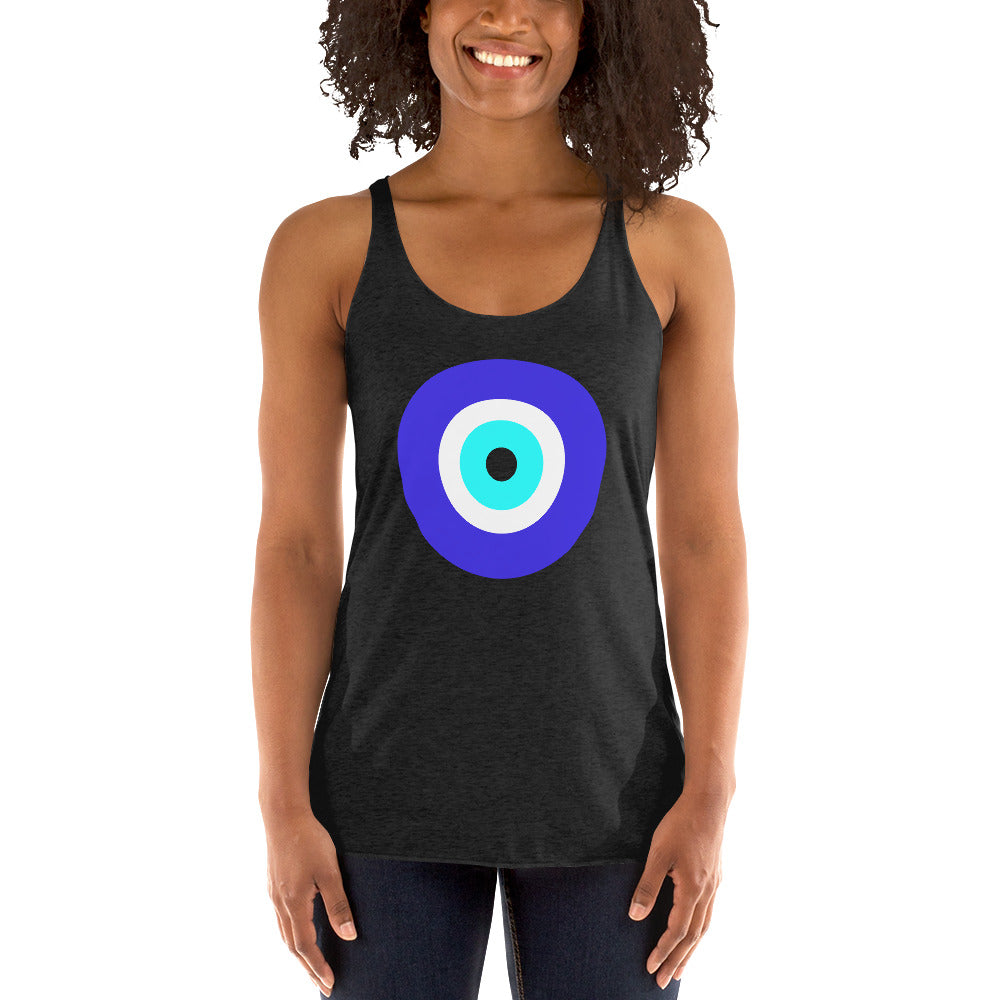 Classic Evil Eye graphic on women's racerback tank, front view