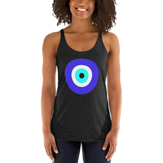 Classic Evil Eye graphic on women's racerback tank, front view
