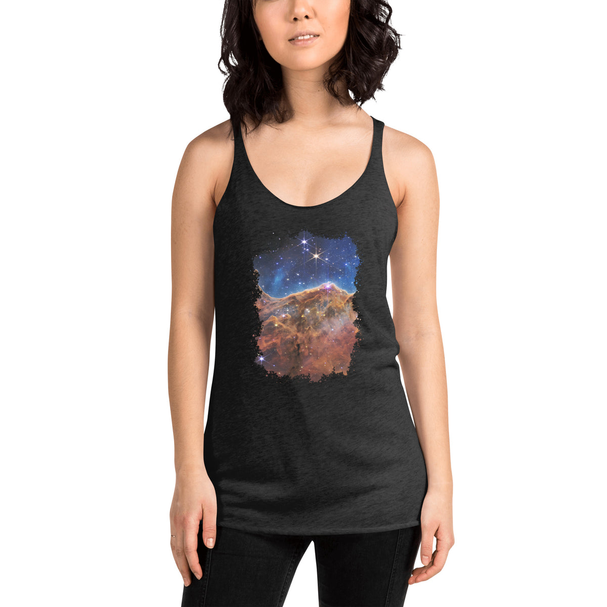 Carina Nebula graphic on women's racerback tank, front view