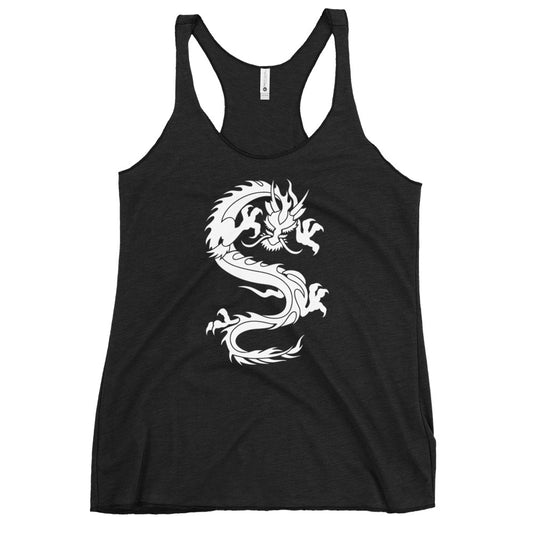 Chinese Loong Dragon graphic on women's racerback tank, front view