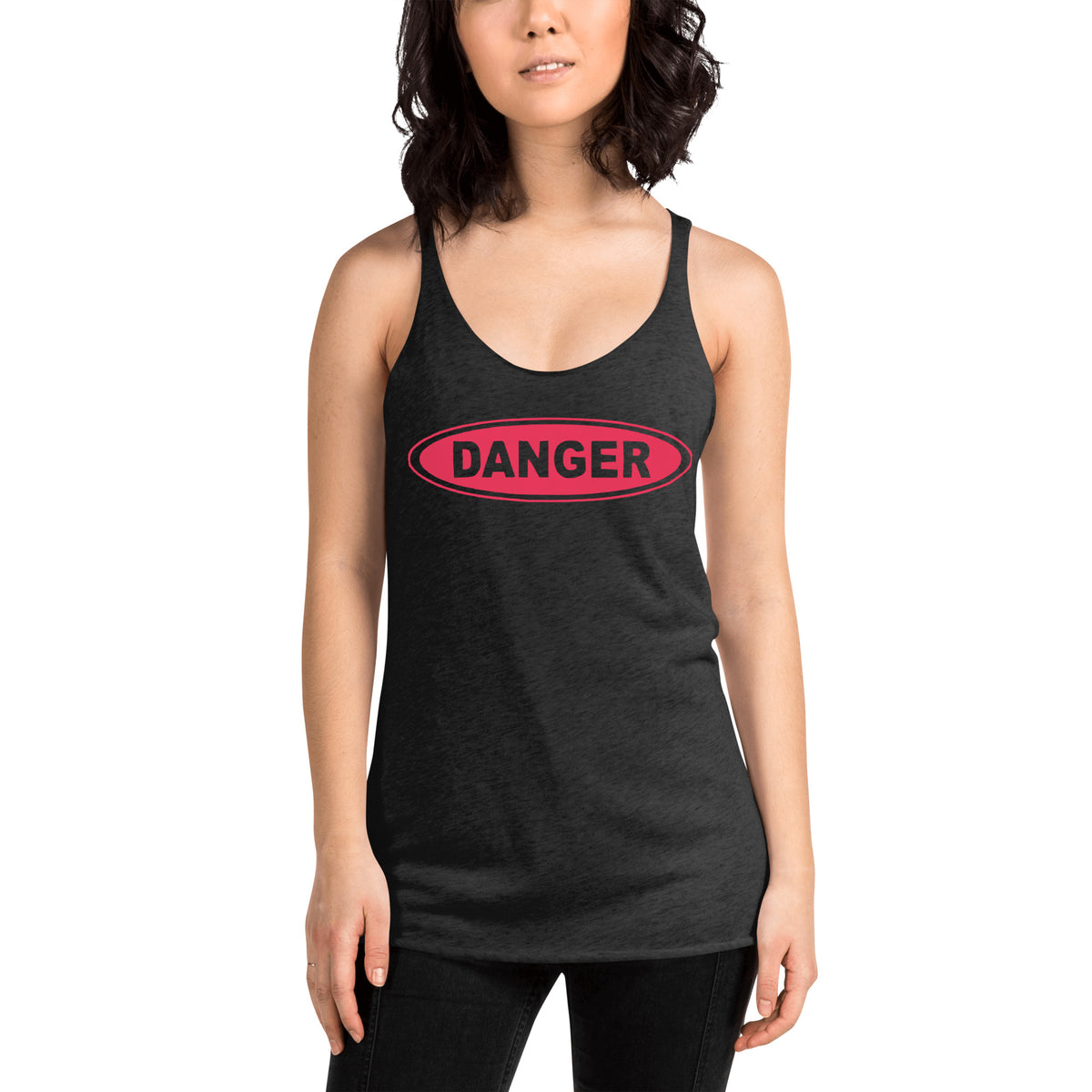 Danger Warning Sign graphic on women's racerback tank, front view