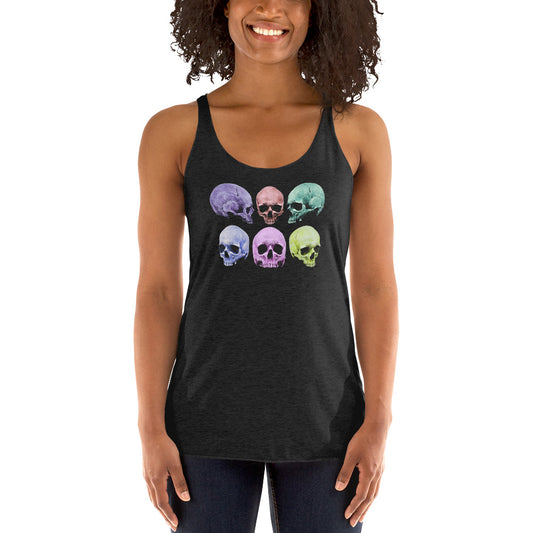 Pastel Death Skulls graphic on women's racerback tank, front view
