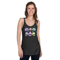 Pastel Death Skulls graphic on women's racerback tank, front view