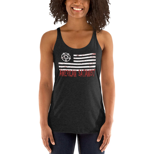 American Satanist Flag graphic on women's racerback tank, front view