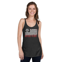 American Satanist Flag graphic on women's racerback tank, front view