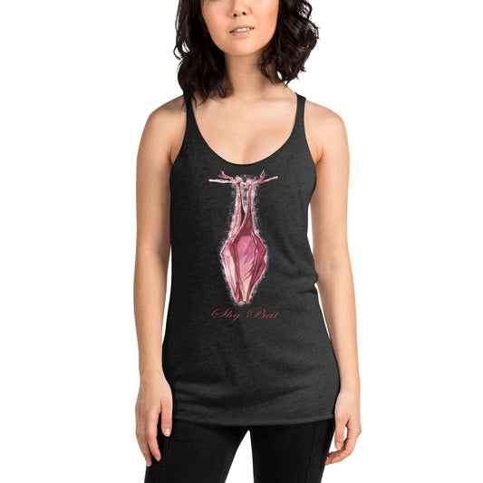 Shy Vampire Bat graphic on women's racerback tank, front view