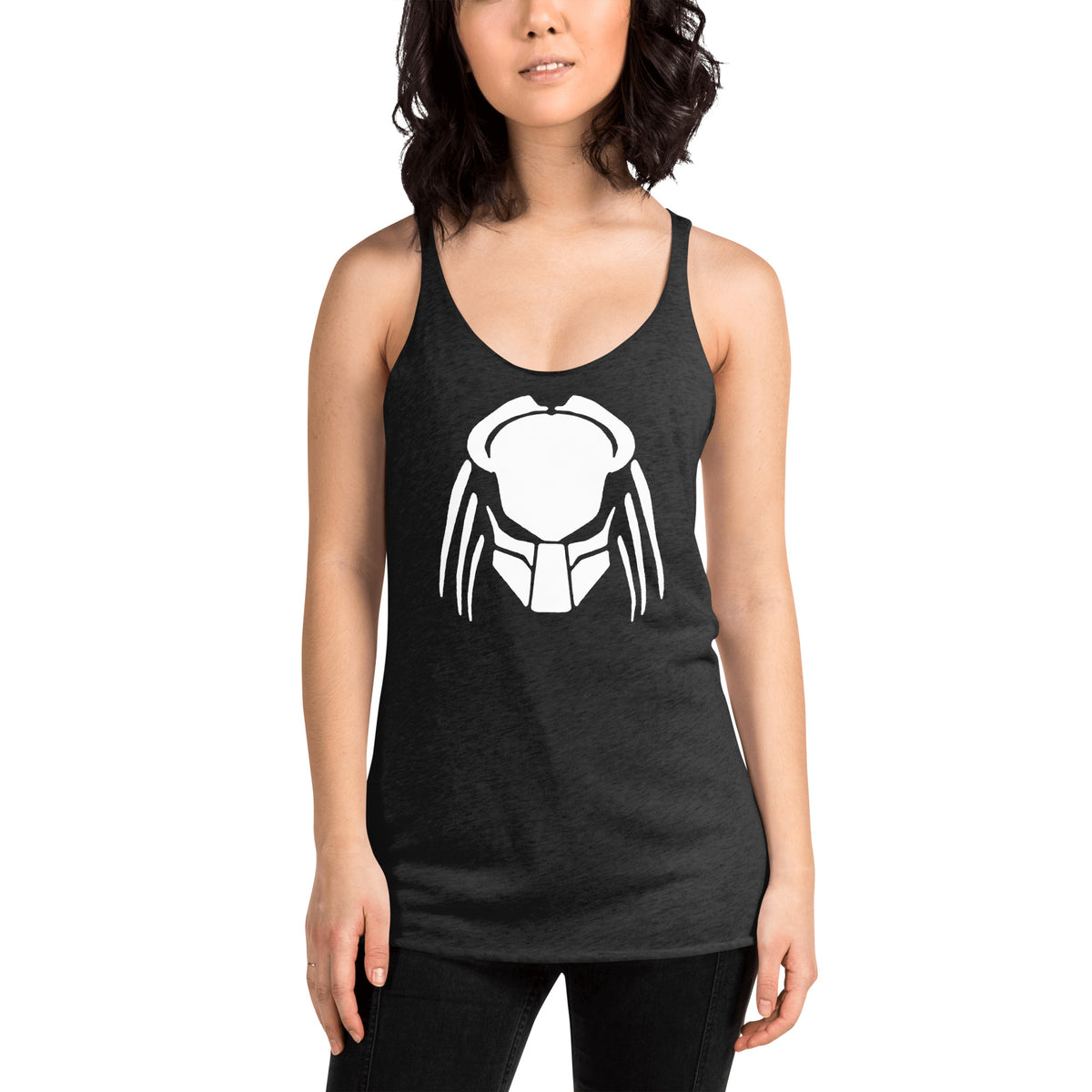 Predalien graphic on women's racerback tank, front view