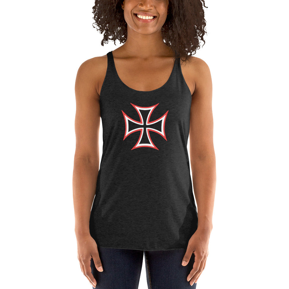 Red and White Occult Biker Cross Symbol Women's Racerback Tank Top Shirt