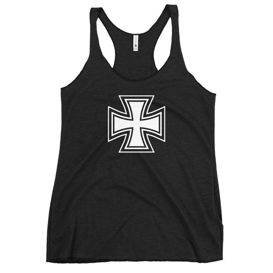 Iron Cross graphic on women's racerback tank, front view