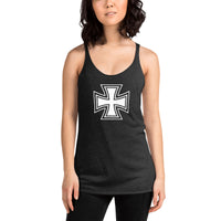 Iron Cross graphic on women's racerback tank, front view