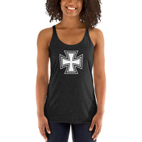 Iron Cross graphic on women's racerback tank, front view