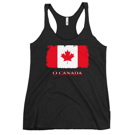Canadian Flag Maple Leaf graphic on women's racerback tank, front view