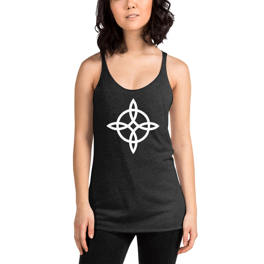 Witches' Knot graphic on women's racerback tank, front view