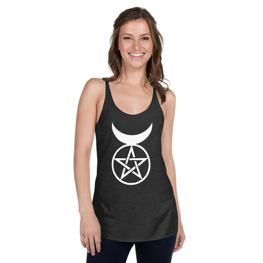 Horned God graphic on women's racerback tank, front view