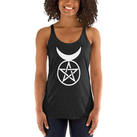 Horned God graphic on women's racerback tank, front view