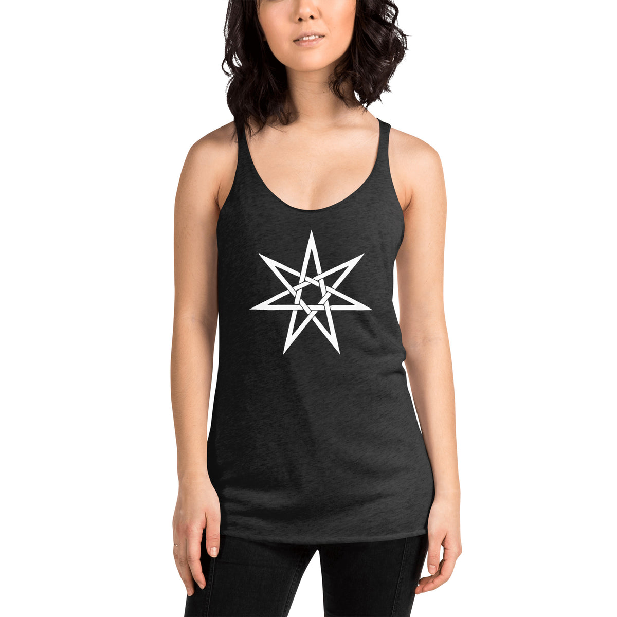 Elven Star graphic on women's racerback tank, front view