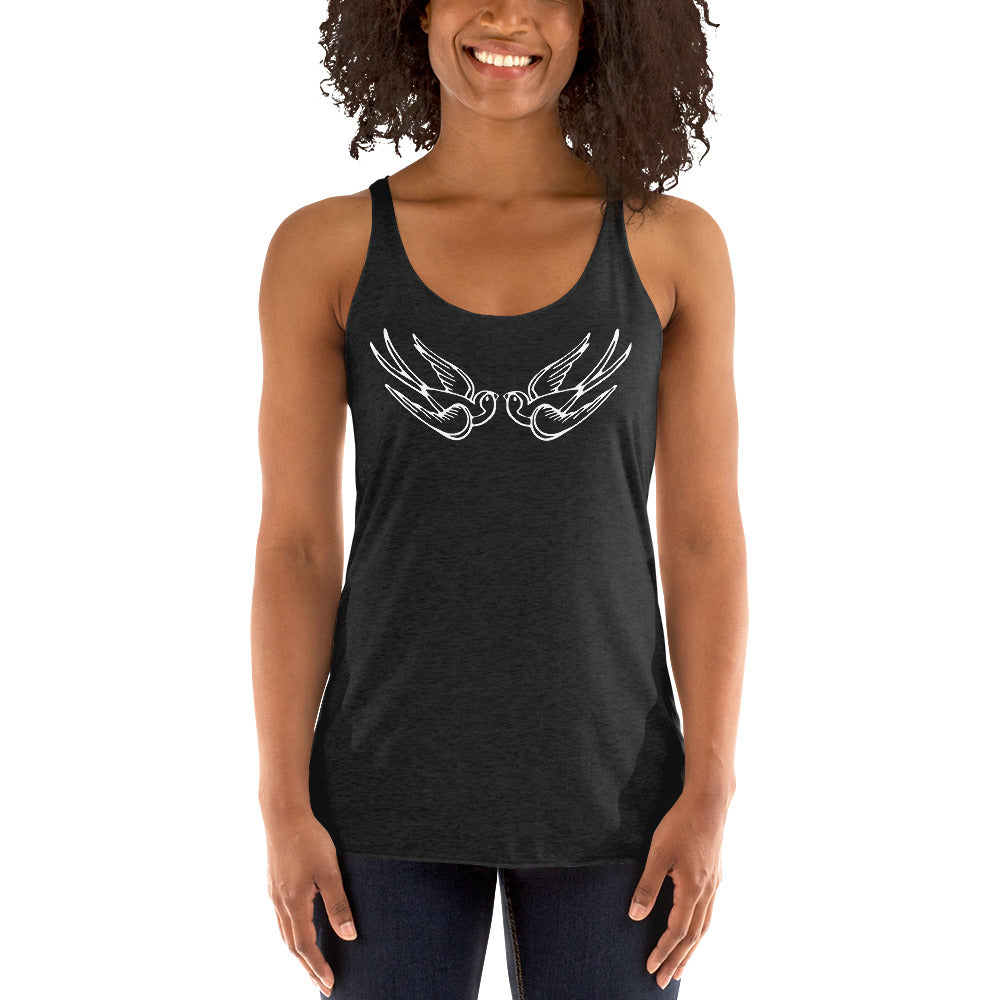 White Falling Sparrows Tattoo Style Bird Women's Racerback Tank Top Shirt