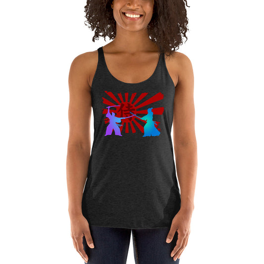 Samurai Warriors Duel graphic on women's racerback tank, front view