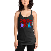 Samurai Warriors Duel graphic on women's racerback tank, front view