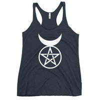 Horned God graphic on women's racerback tank, front view