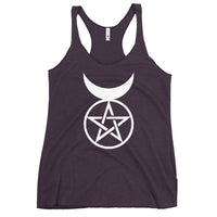 Horned God graphic on women's racerback tank, front view