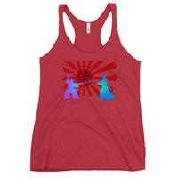 Samurai Warriors Duel graphic on women's racerback tank, front view