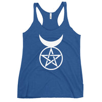 Horned God graphic on women's racerback tank, front view
