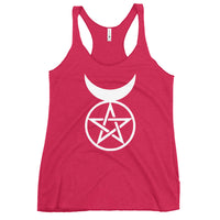 Horned God graphic on women's racerback tank, front view