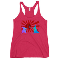 Samurai Warriors Duel graphic on women's racerback tank, front view