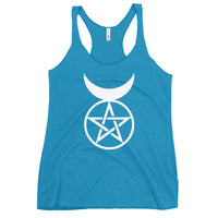 Horned God graphic on women's racerback tank, front view