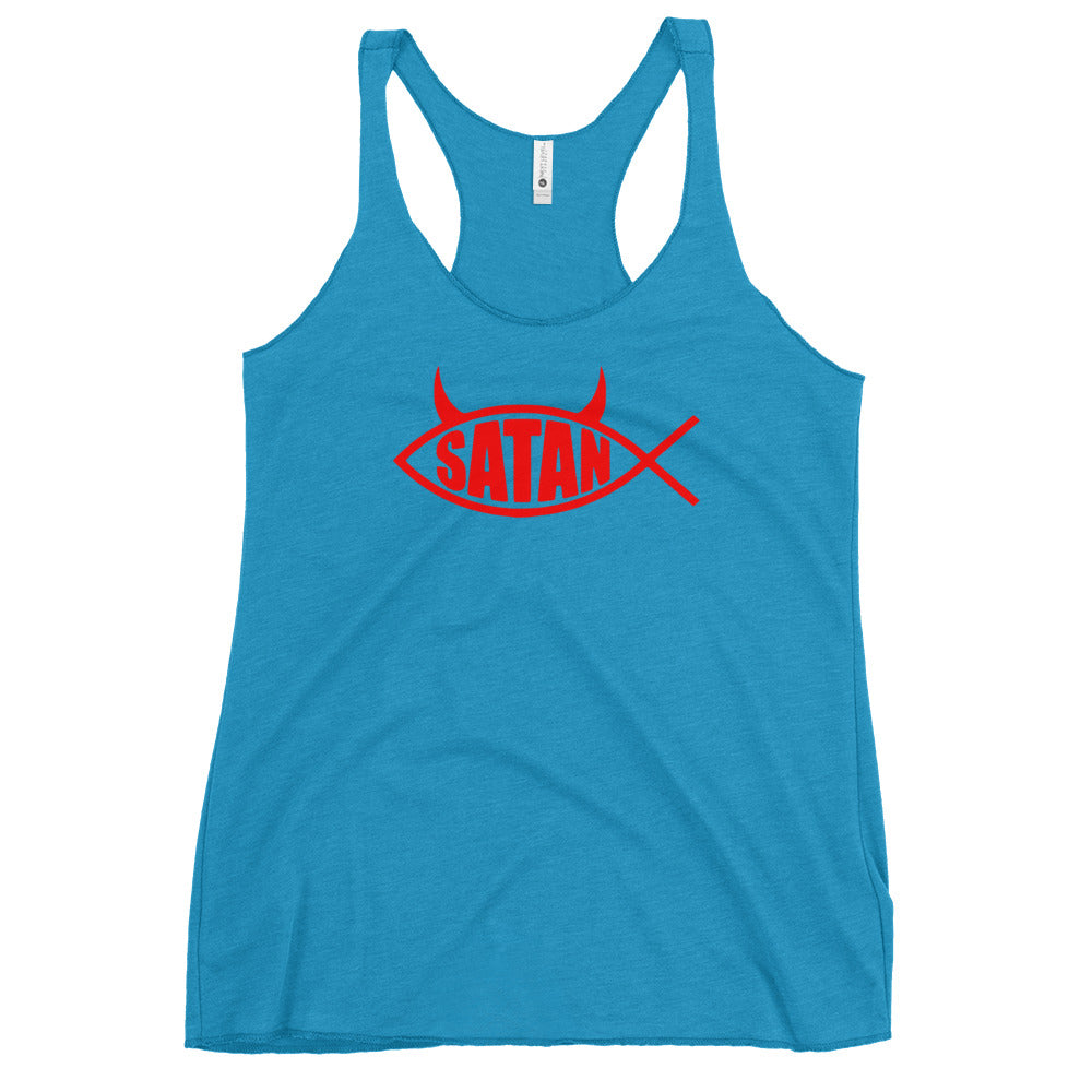 Red Ichthys Satan Fish with Horns Religious Satire Women's Racerback Tank Top Shirt